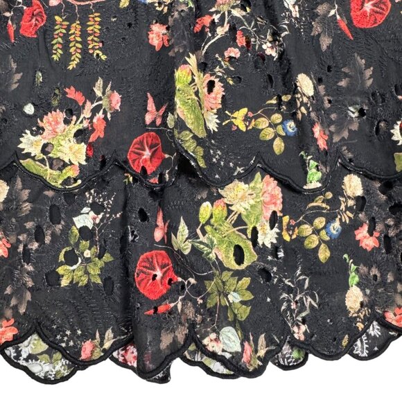 ALICE + OLIVIA Daisy Tiered Mini Dress Sz.10 Dark Floral Black Eyelet Tie-Front - Picture 13 of 16